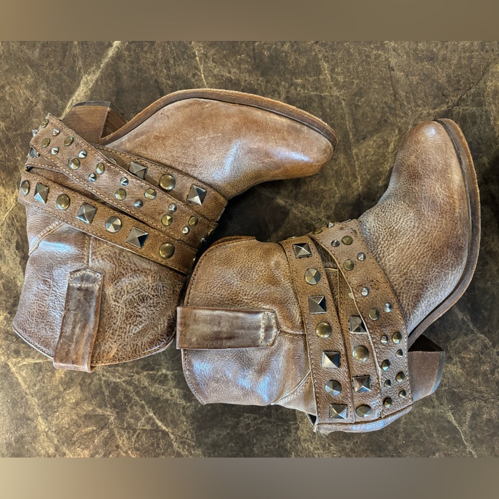 Studded Brown Leather Heeled Ankle Boots